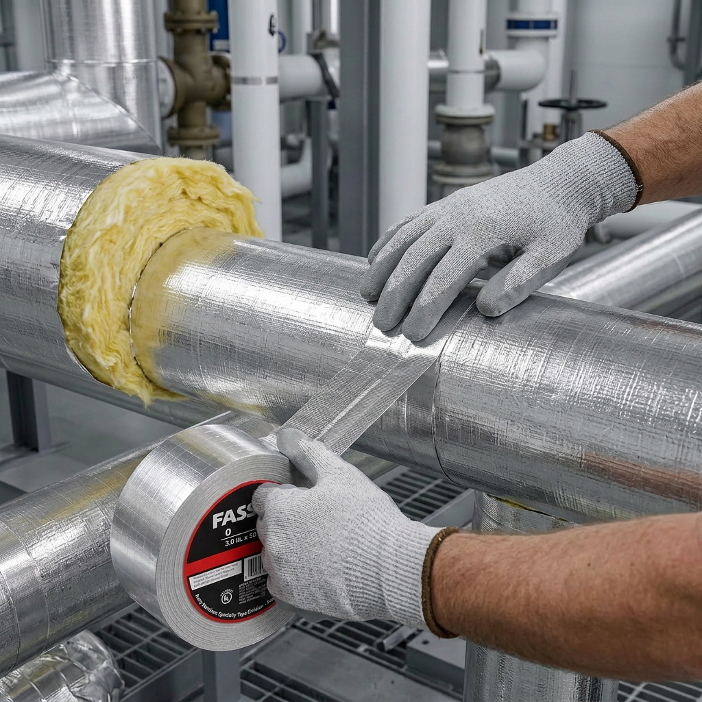 Instalador colocando cinta Fasson para sellar el laminado de aluminio del aislamiento de una tubería