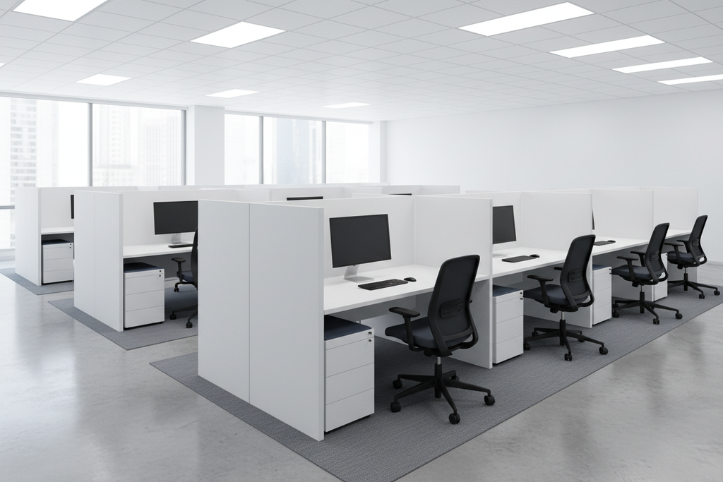 Oficina con Divisiones Acústicas Blancas entre Escritorios