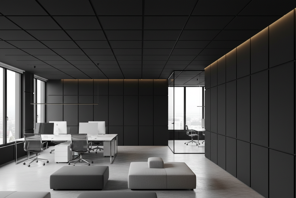 Oficina con Paneles Acústicos Negros Lisos 24x48x2"