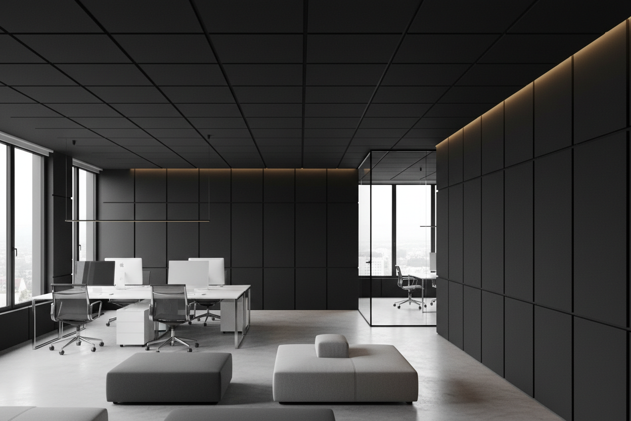 Oficina con Paneles Acústicos Negros Lisos 24x48x2"