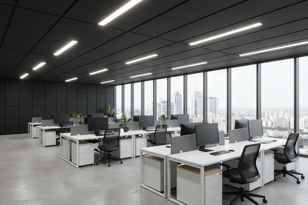 Oficina Corporativa con Paneles Acústicos Negros Lisos